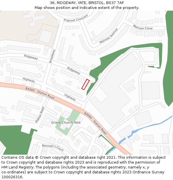 36, RIDGEWAY, YATE, BRISTOL, BS37 7AF: Location map and indicative extent of plot