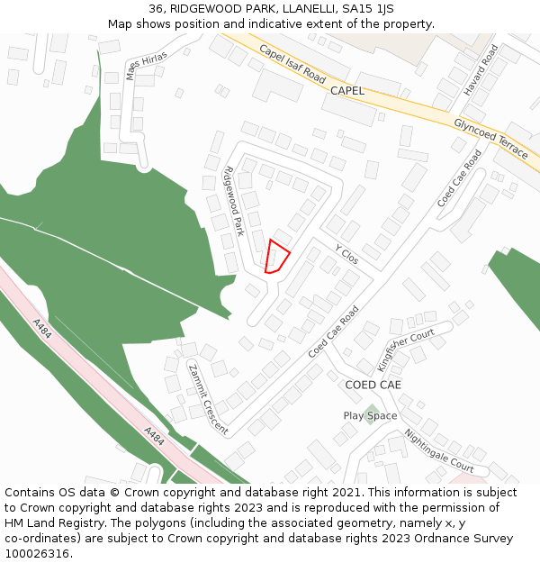 36, RIDGEWOOD PARK, LLANELLI, SA15 1JS: Location map and indicative extent of plot