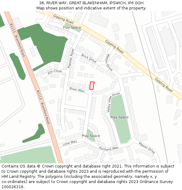 36, RIVER WAY, GREAT BLAKENHAM, IPSWICH, IP6 0GH: Location map and indicative extent of plot