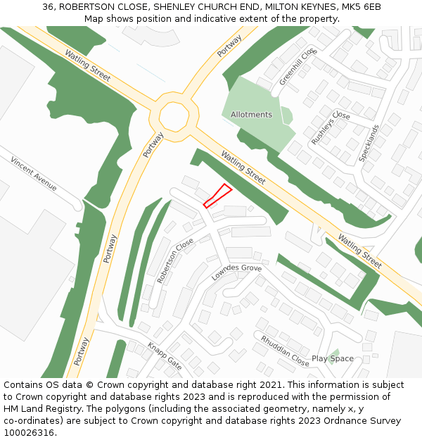 36, ROBERTSON CLOSE, SHENLEY CHURCH END, MILTON KEYNES, MK5 6EB: Location map and indicative extent of plot