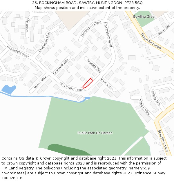 36, ROCKINGHAM ROAD, SAWTRY, HUNTINGDON, PE28 5SQ: Location map and indicative extent of plot