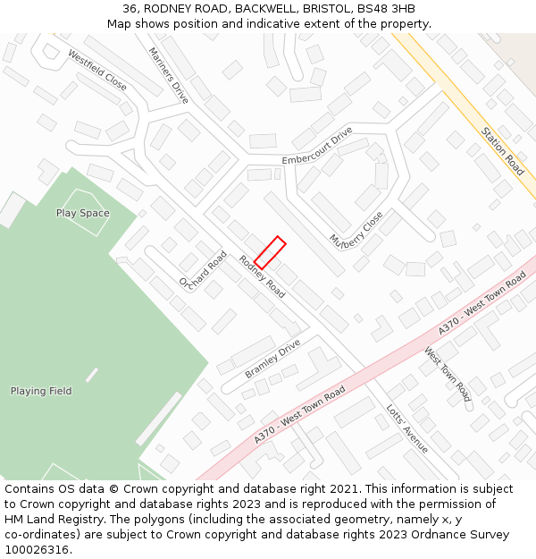 36, RODNEY ROAD, BACKWELL, BRISTOL, BS48 3HB: Location map and indicative extent of plot