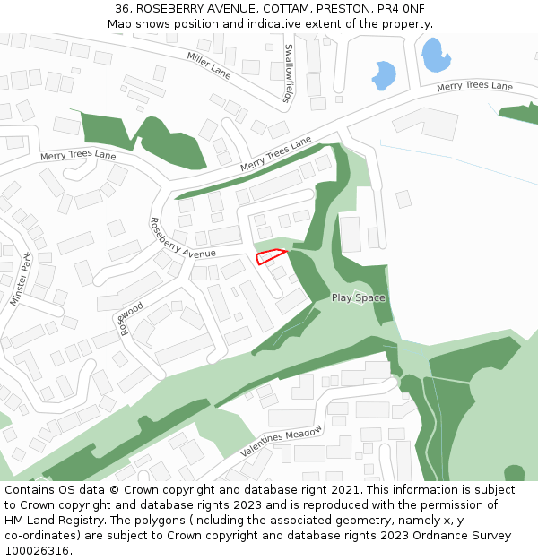 36, ROSEBERRY AVENUE, COTTAM, PRESTON, PR4 0NF: Location map and indicative extent of plot