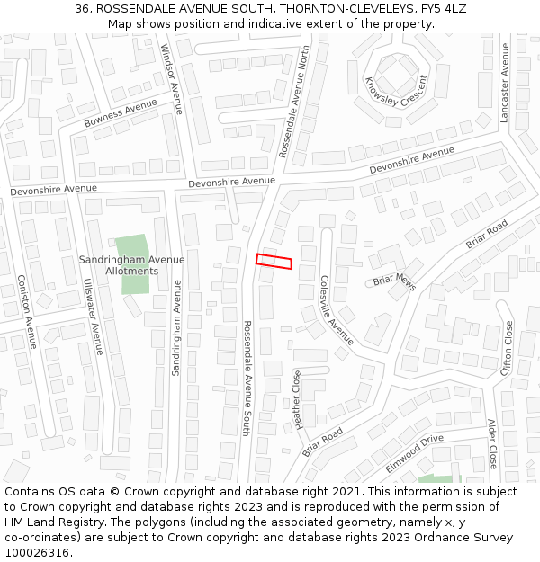 36, ROSSENDALE AVENUE SOUTH, THORNTON-CLEVELEYS, FY5 4LZ: Location map and indicative extent of plot