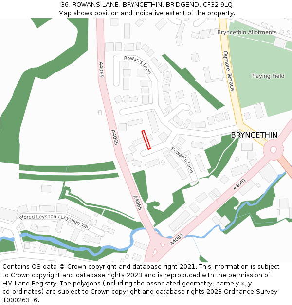 36, ROWANS LANE, BRYNCETHIN, BRIDGEND, CF32 9LQ: Location map and indicative extent of plot