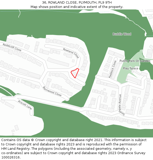 36, ROWLAND CLOSE, PLYMOUTH, PL9 9TH: Location map and indicative extent of plot