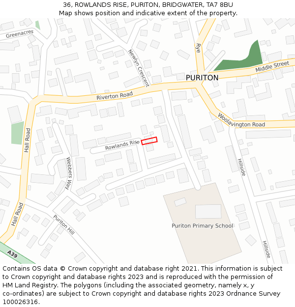 36, ROWLANDS RISE, PURITON, BRIDGWATER, TA7 8BU: Location map and indicative extent of plot