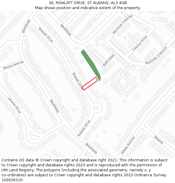 36, ROWLATT DRIVE, ST ALBANS, AL3 4NB: Location map and indicative extent of plot