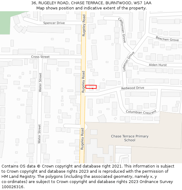 36, RUGELEY ROAD, CHASE TERRACE, BURNTWOOD, WS7 1AA: Location map and indicative extent of plot