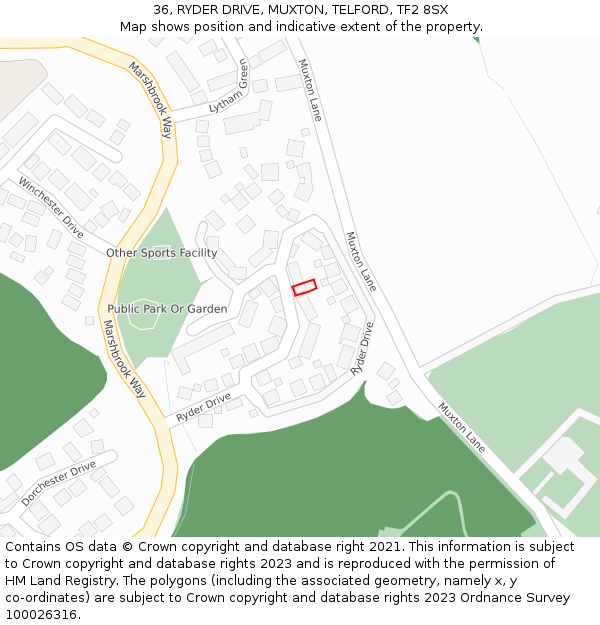 36, RYDER DRIVE, MUXTON, TELFORD, TF2 8SX: Location map and indicative extent of plot
