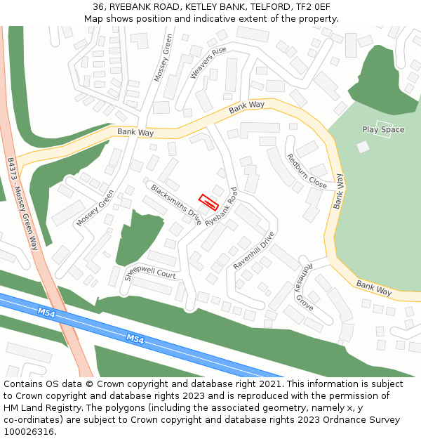 36, RYEBANK ROAD, KETLEY BANK, TELFORD, TF2 0EF: Location map and indicative extent of plot