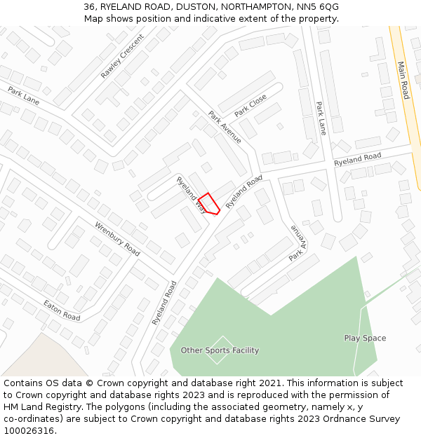 36, RYELAND ROAD, DUSTON, NORTHAMPTON, NN5 6QG: Location map and indicative extent of plot