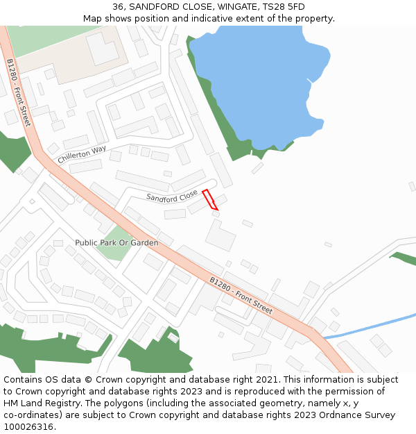 36, SANDFORD CLOSE, WINGATE, TS28 5FD: Location map and indicative extent of plot