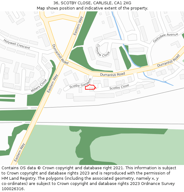 36, SCOTBY CLOSE, CARLISLE, CA1 2XG: Location map and indicative extent of plot