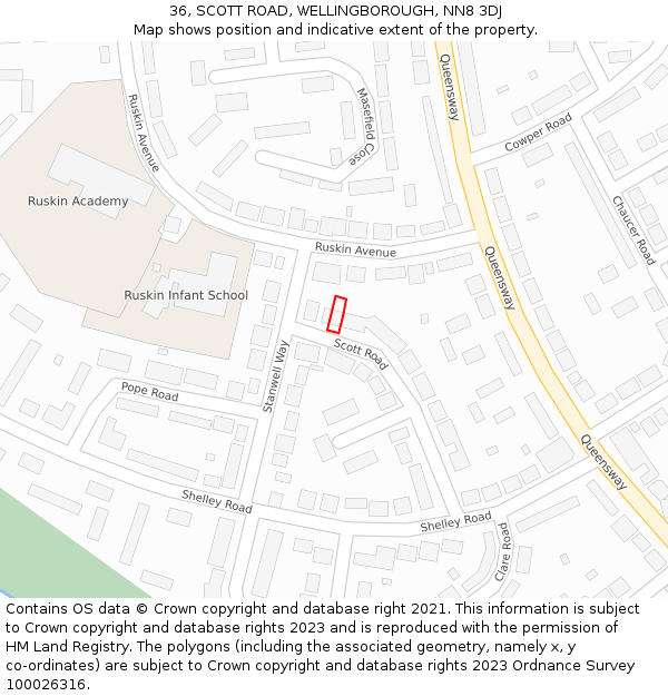 36, SCOTT ROAD, WELLINGBOROUGH, NN8 3DJ: Location map and indicative extent of plot