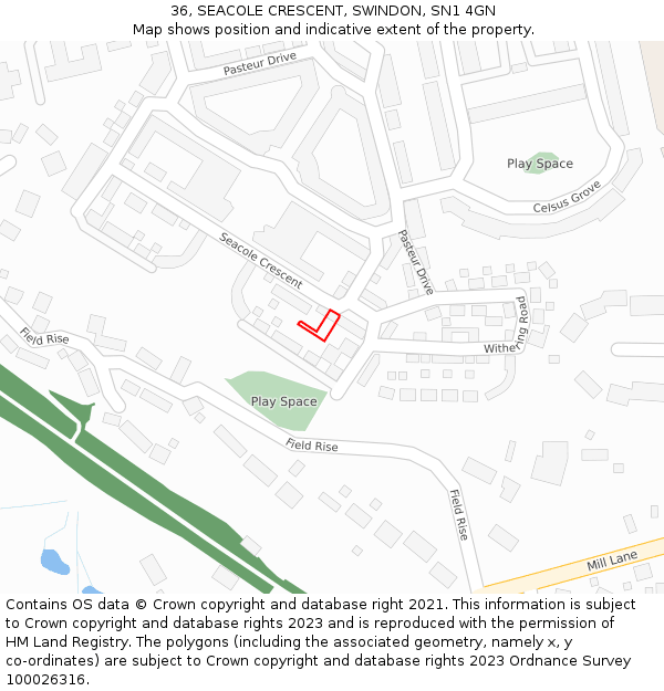 36, SEACOLE CRESCENT, SWINDON, SN1 4GN: Location map and indicative extent of plot