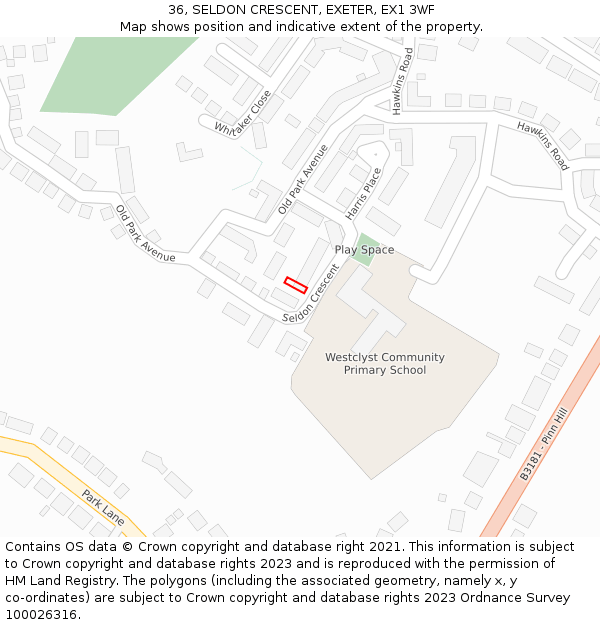 36, SELDON CRESCENT, EXETER, EX1 3WF: Location map and indicative extent of plot