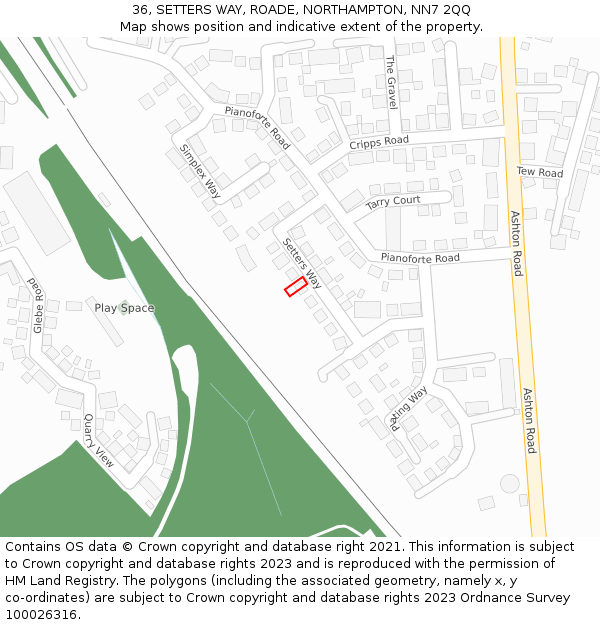 36, SETTERS WAY, ROADE, NORTHAMPTON, NN7 2QQ: Location map and indicative extent of plot