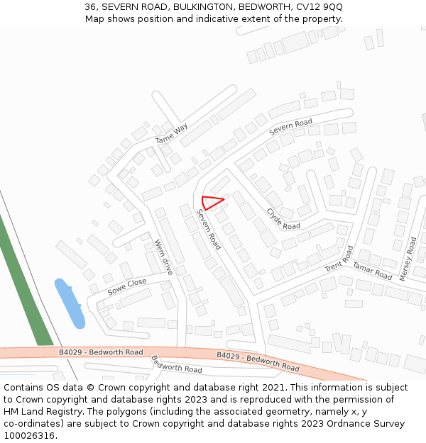 36, SEVERN ROAD, BULKINGTON, BEDWORTH, CV12 9QQ: Location map and indicative extent of plot