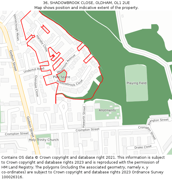 36, SHADOWBROOK CLOSE, OLDHAM, OL1 2UE: Location map and indicative extent of plot