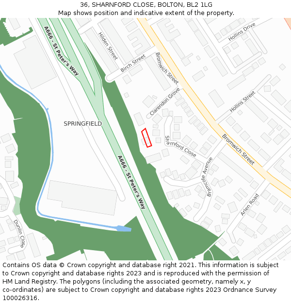 36, SHARNFORD CLOSE, BOLTON, BL2 1LG: Location map and indicative extent of plot