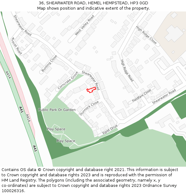 36, SHEARWATER ROAD, HEMEL HEMPSTEAD, HP3 0GD: Location map and indicative extent of plot