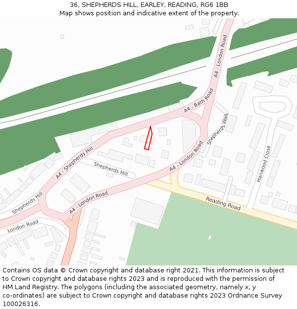36, SHEPHERDS HILL, EARLEY, READING, RG6 1BB: Location map and indicative extent of plot