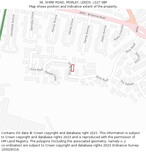 36, SHIRE ROAD, MORLEY, LEEDS, LS27 0BF: Location map and indicative extent of plot