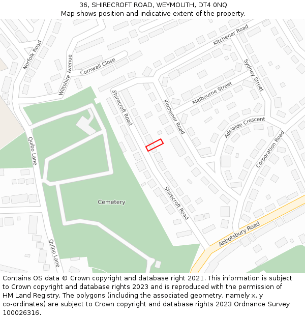 36, SHIRECROFT ROAD, WEYMOUTH, DT4 0NQ: Location map and indicative extent of plot