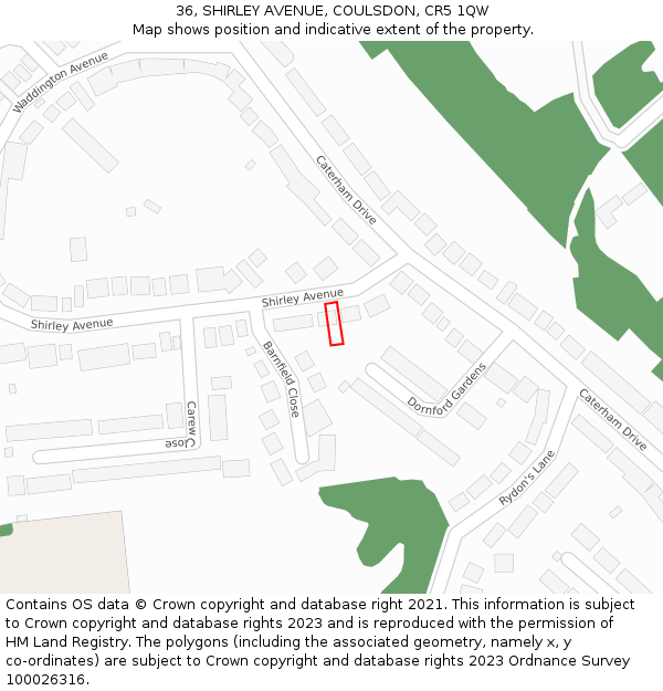 36, SHIRLEY AVENUE, COULSDON, CR5 1QW: Location map and indicative extent of plot