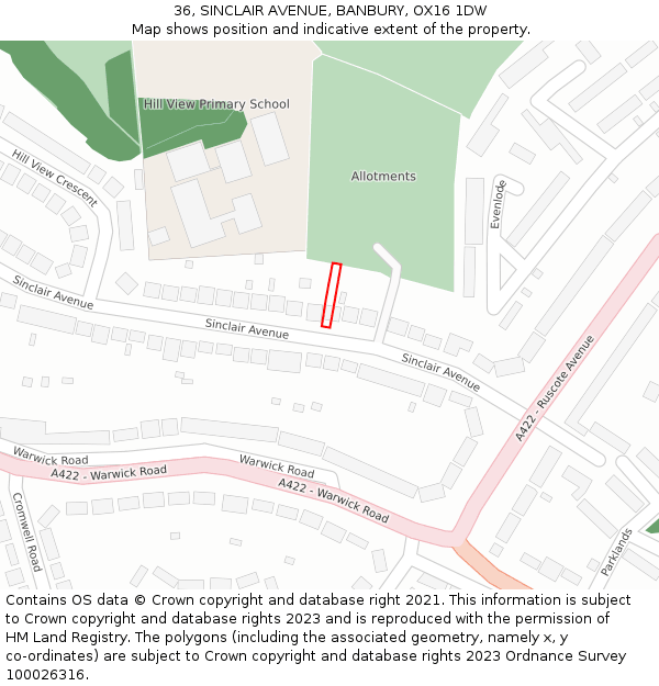 36, SINCLAIR AVENUE, BANBURY, OX16 1DW: Location map and indicative extent of plot