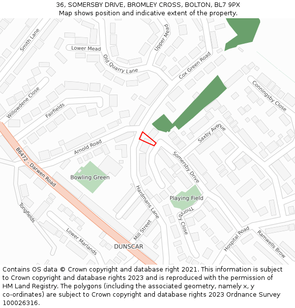 36, SOMERSBY DRIVE, BROMLEY CROSS, BOLTON, BL7 9PX: Location map and indicative extent of plot