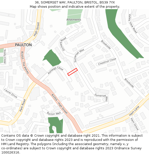 36, SOMERSET WAY, PAULTON, BRISTOL, BS39 7YX: Location map and indicative extent of plot