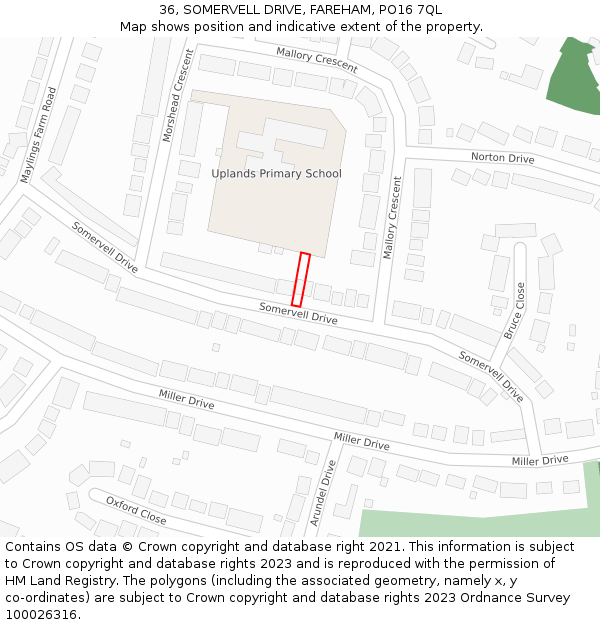 36, SOMERVELL DRIVE, FAREHAM, PO16 7QL: Location map and indicative extent of plot