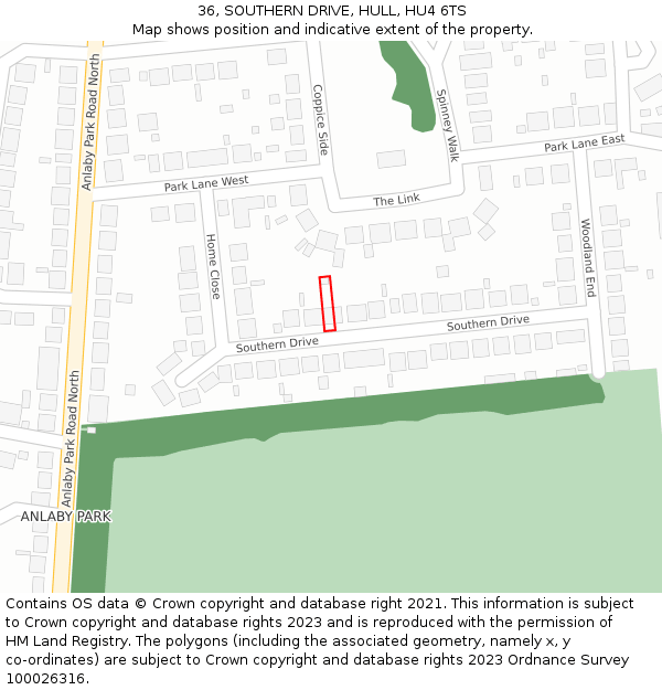 36, SOUTHERN DRIVE, HULL, HU4 6TS: Location map and indicative extent of plot