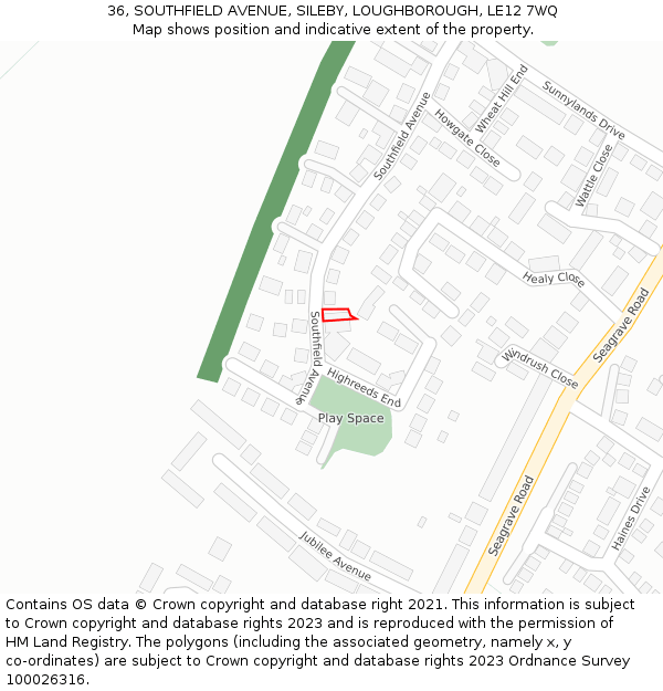 36, SOUTHFIELD AVENUE, SILEBY, LOUGHBOROUGH, LE12 7WQ: Location map and indicative extent of plot