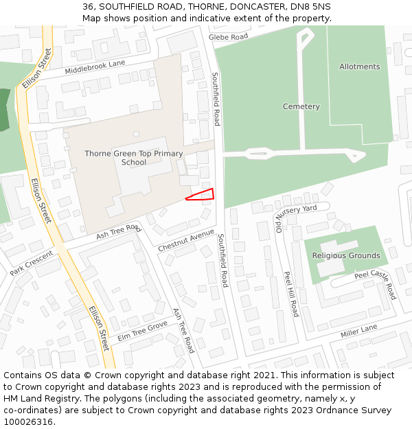 36, SOUTHFIELD ROAD, THORNE, DONCASTER, DN8 5NS: Location map and indicative extent of plot