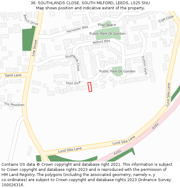 36, SOUTHLANDS CLOSE, SOUTH MILFORD, LEEDS, LS25 5NU: Location map and indicative extent of plot