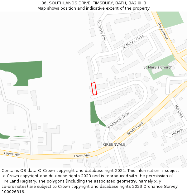 36, SOUTHLANDS DRIVE, TIMSBURY, BATH, BA2 0HB: Location map and indicative extent of plot