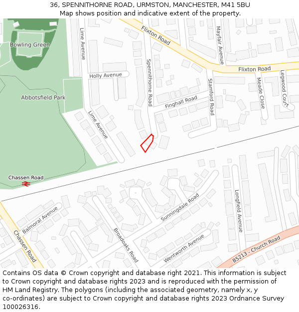 36, SPENNITHORNE ROAD, URMSTON, MANCHESTER, M41 5BU: Location map and indicative extent of plot