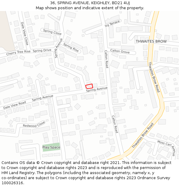 36, SPRING AVENUE, KEIGHLEY, BD21 4UJ: Location map and indicative extent of plot