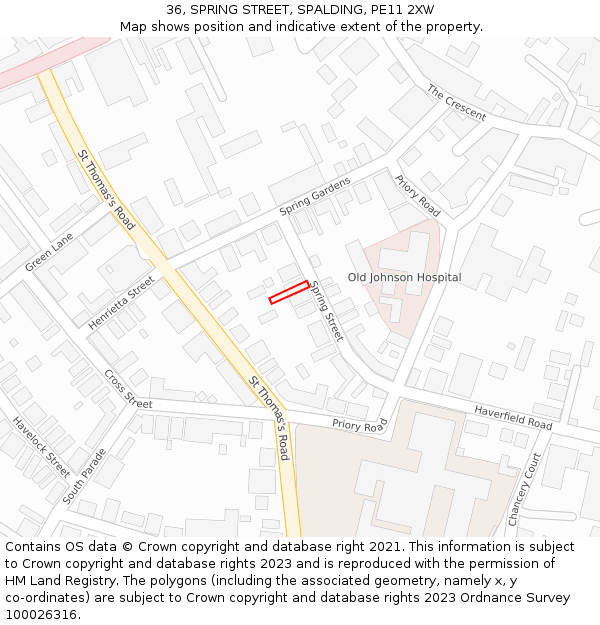 36, SPRING STREET, SPALDING, PE11 2XW: Location map and indicative extent of plot