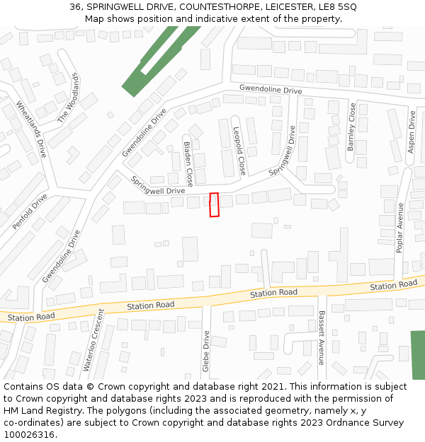 36, SPRINGWELL DRIVE, COUNTESTHORPE, LEICESTER, LE8 5SQ: Location map and indicative extent of plot