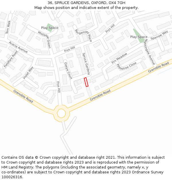 36, SPRUCE GARDENS, OXFORD, OX4 7GH: Location map and indicative extent of plot