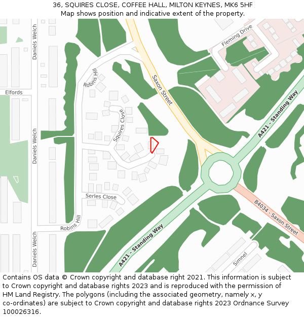 36, SQUIRES CLOSE, COFFEE HALL, MILTON KEYNES, MK6 5HF: Location map and indicative extent of plot