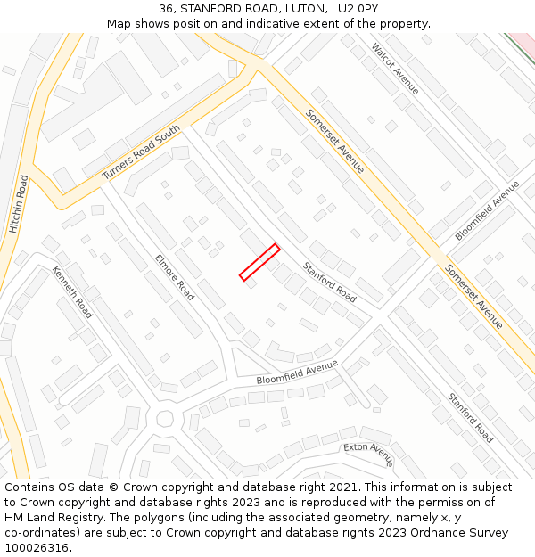 36, STANFORD ROAD, LUTON, LU2 0PY: Location map and indicative extent of plot