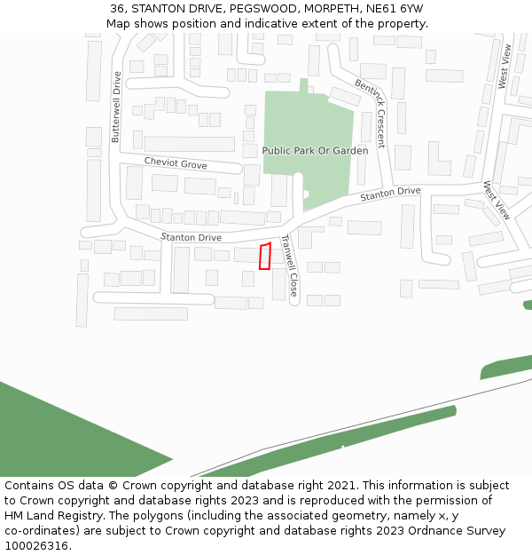 36, STANTON DRIVE, PEGSWOOD, MORPETH, NE61 6YW: Location map and indicative extent of plot