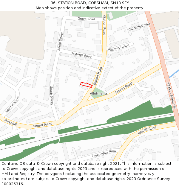 36, STATION ROAD, CORSHAM, SN13 9EY: Location map and indicative extent of plot