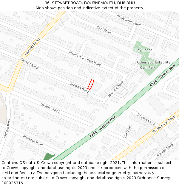 36, STEWART ROAD, BOURNEMOUTH, BH8 8NU: Location map and indicative extent of plot