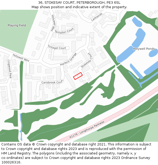 36, STOKESAY COURT, PETERBOROUGH, PE3 6SL: Location map and indicative extent of plot